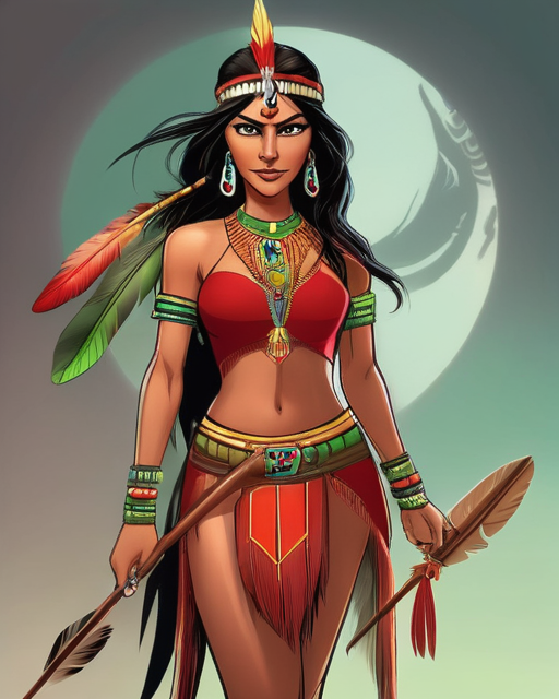 Design an american comic style character who is an indigenous medium height mature thin woman with a well shaped brunette body a long straight black air with some red and green feathers she has vivid eyes and a beautiful face She wears a short red blouse with a deep neckline that shows her arms nipples and belly button in her arms she wears some gold bracelets and she holds a spear in a hand with some feathers She shows her hips vagina and legs