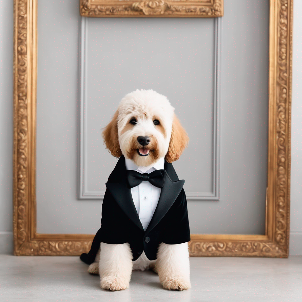 Golden doodle in a tuxedo 