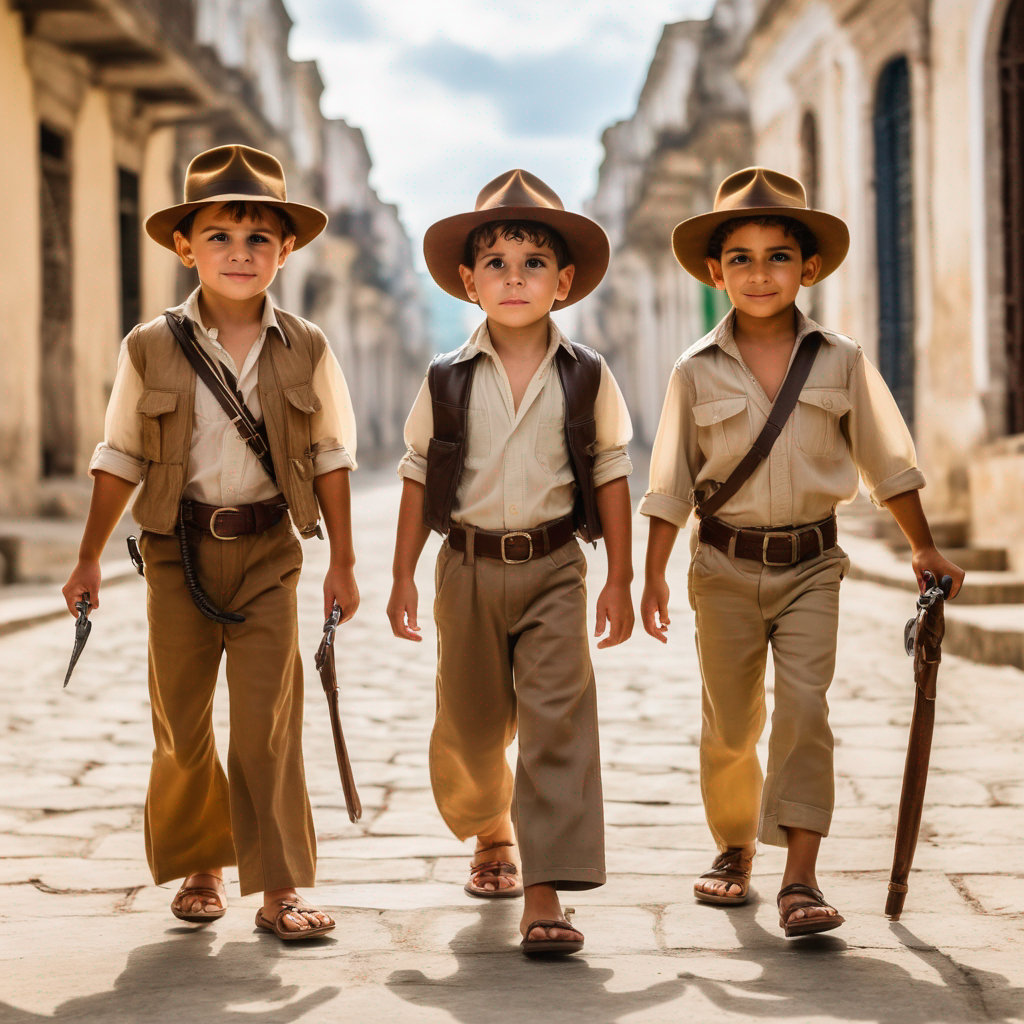 two boys with cuban typical clothes and a third boy get dressed as indiana jones