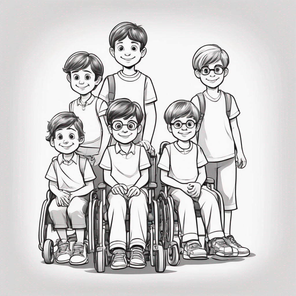 create a single cartoon style drawing of five children standing side by side against a white background each with specific and distinct visual characteristics the children should have friendly and welcoming expressions depicted in an inclusive and respectful cartoon style each child should be dressed casually with modern clothing and style for a high resolution banner presentation details for each child  first child white boy in a wheelchair around eight years old sitting in a modern wheelchair he is smiling wearing a colorful t shirt and jeans  second child black girl around seven years old with curly hair in a modern style she is wearing a brightly colored top and has a gentle smile  third child white boy around nine years old wearing a baseball cap backwards he has a relaxed expression and is dressed in a t shirt and sports shorts  fourth child autistic boy around eight years old with calm and gentle features holding a welcoming posture he is wearing a t shirt with a subtle design and jeans  fifth child boy with a physical disability in one leg wearing a modern prosthetic he smiles confidently dressed in a colorful t shirt and shorts  all five children should be positioned side by side in a single image with cartoon style soft colors and rounded lines focusing on positively promoting diversity and inclusion