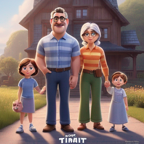 Draw this family in the style of pixar movie characters