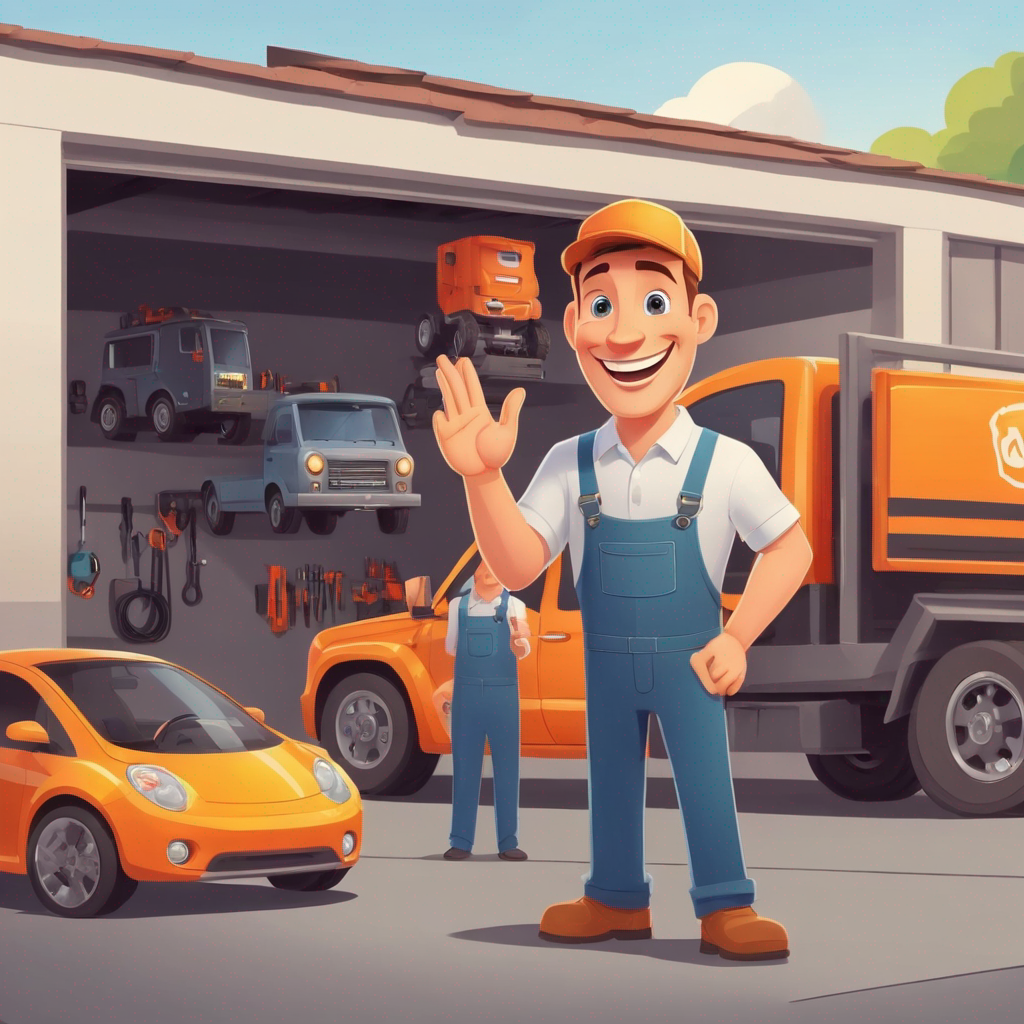 a man working as a mecanic smiling and waving welcoming someone who is coming to his garage