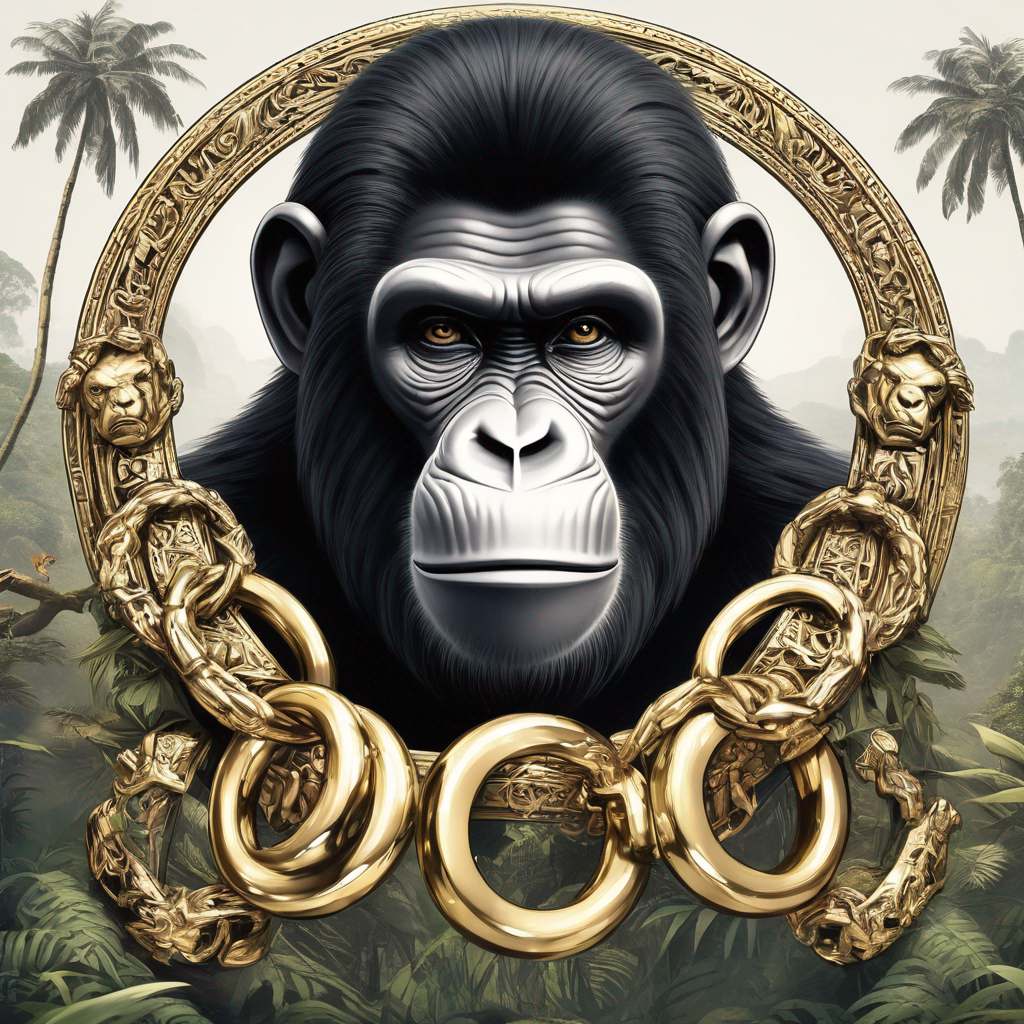 create me a image of ape in jungle with rich look who is whearing gold chians rings google cigrates