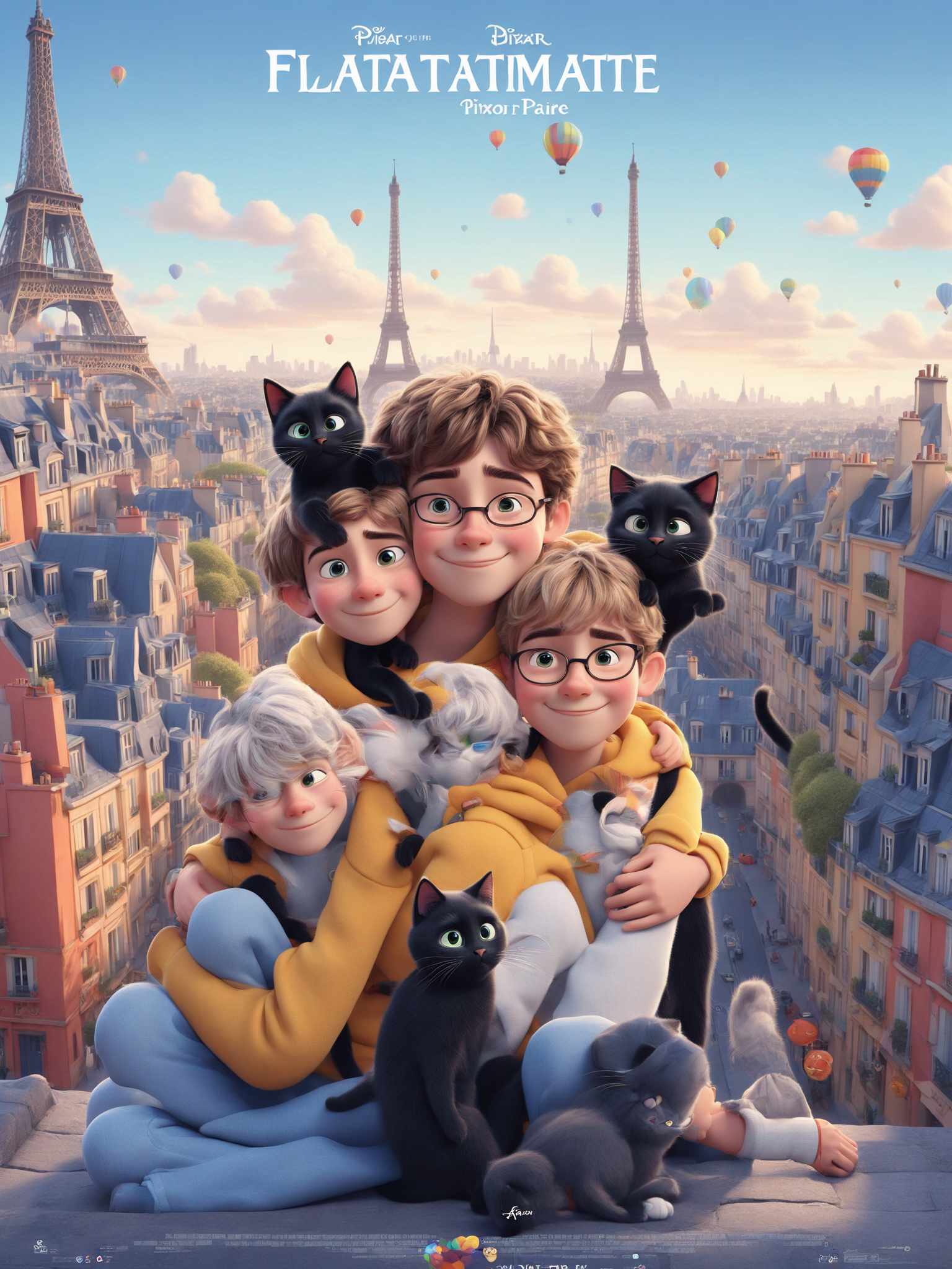 a cute boy in the style of PixCreates an image with the style Illustration style Pixar Color palette Joyfull Angle and composition must be Front view Lighting and mood Bright The image would be described as follows Pixar style movie poster of two female flatmates and their little black cat to illustrate the flatmate and make a poster Object interaction flatmates hugging with the cat Context and details Paris in a duplex apartment with a jute carpet an orange armchair and a rusty sofa no poster text except the movie name GUIGAUD