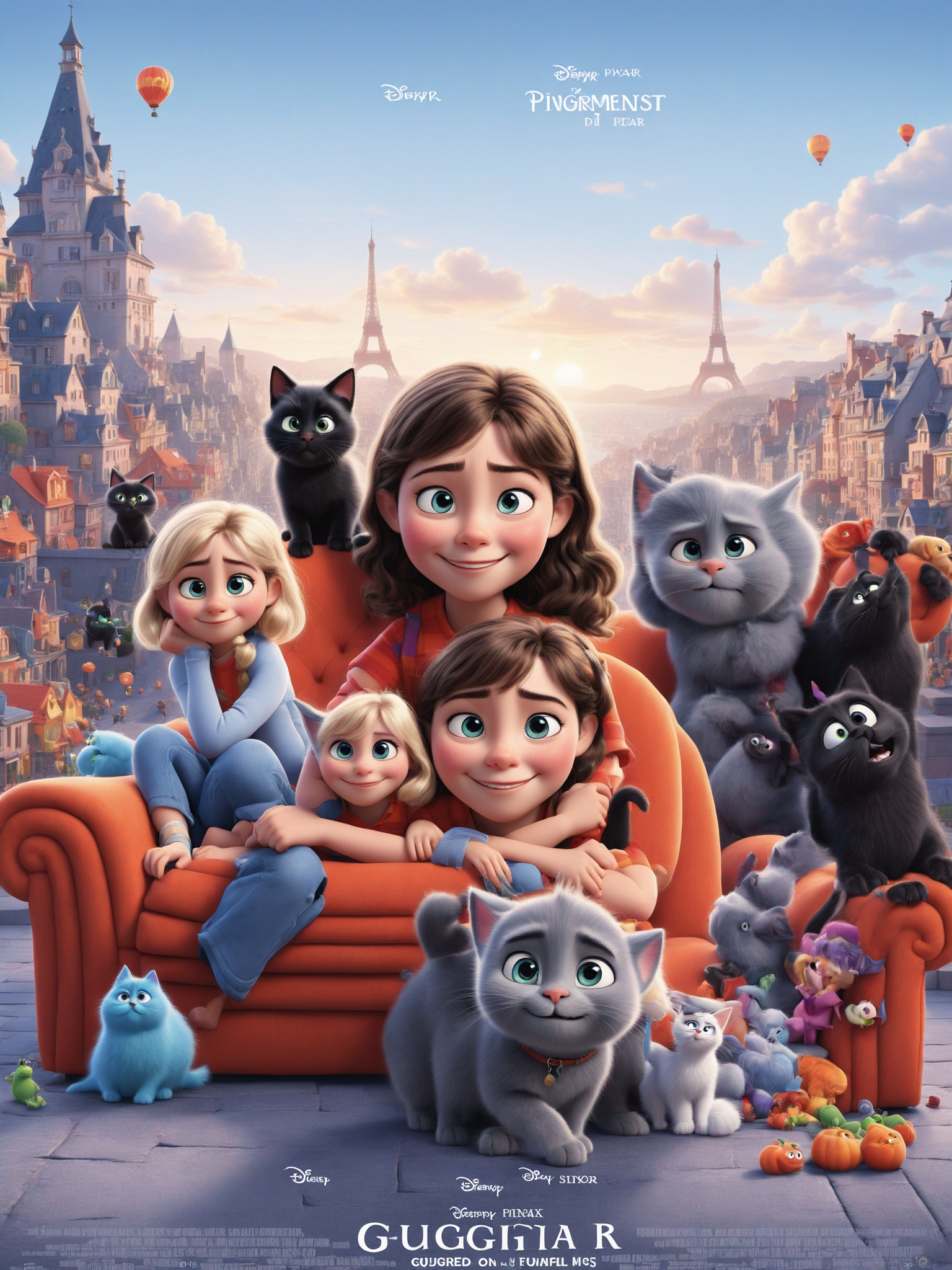 Cheerful pixar movie poster featuring in the foreground only A brunette girl inspired by the enclosed image A blonde girl inspired by the enclosed image A little black kitten  In their apartment with a jute carpet, a red sofa and an orange armchair The film is called GUIGAUD