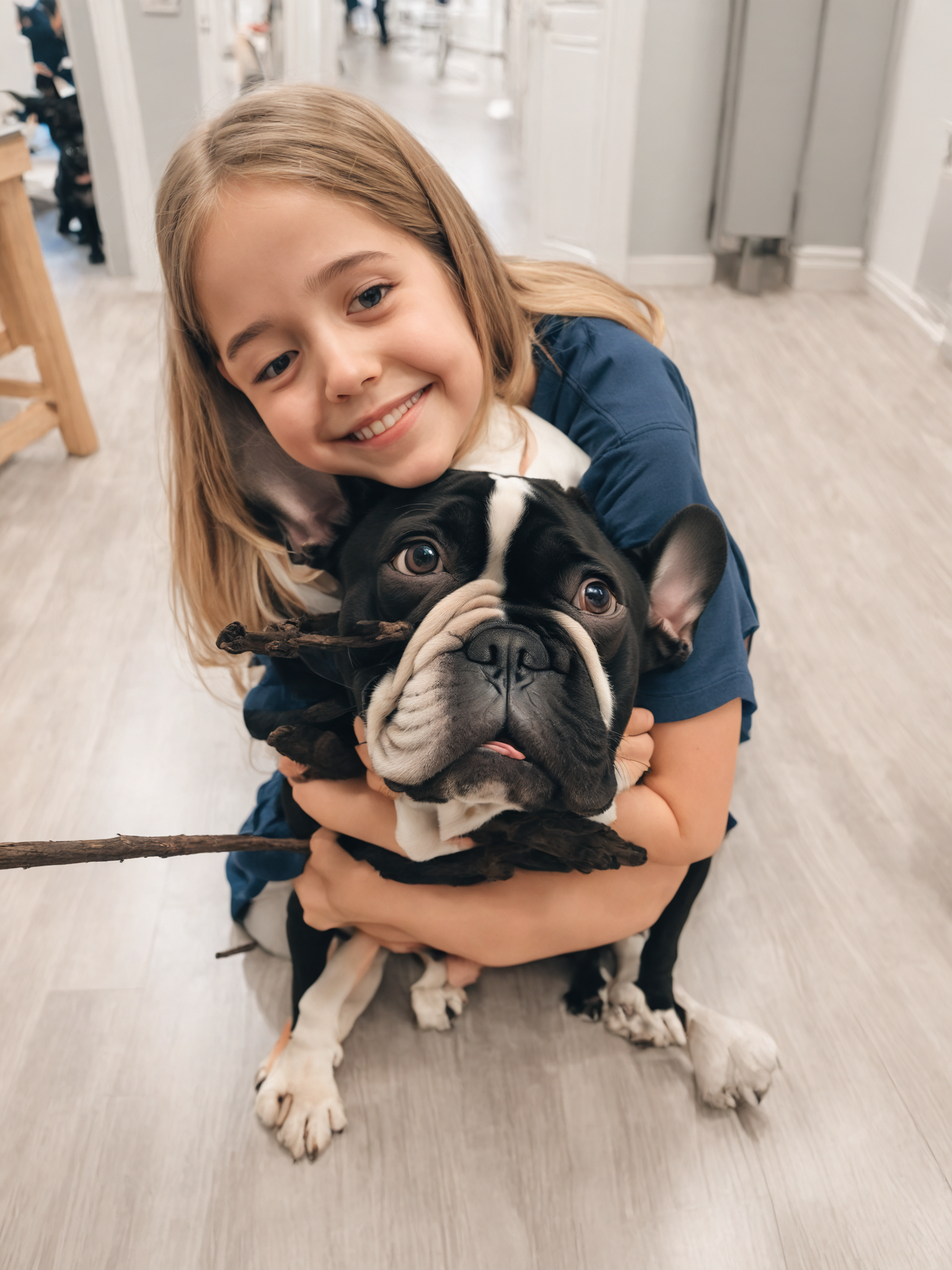 A girl hugging a French Bulldog, the french bulldog had a stick in his mouth