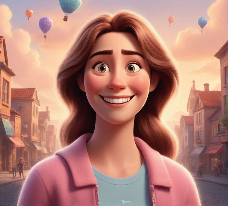 a happy woman in the style of Pixar, no poster, Portrait, no poster text 