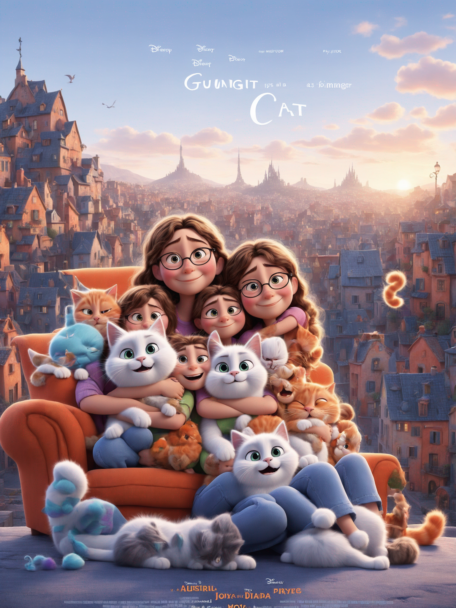 Creates a joyfull image with the style Illustration Pixar movie poster where there is only two girls and one cat in their duplex where there is a jute carpet an orange armchair and a rusty sofa  The two girls inspired by the picture enclosed are hugging the cat  no poster text except the movie name GUIGAUD