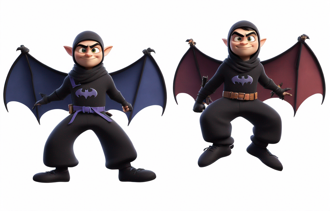 the bat thieves ninjas in the style of Pixar, no poster, Portrait, no poster text 