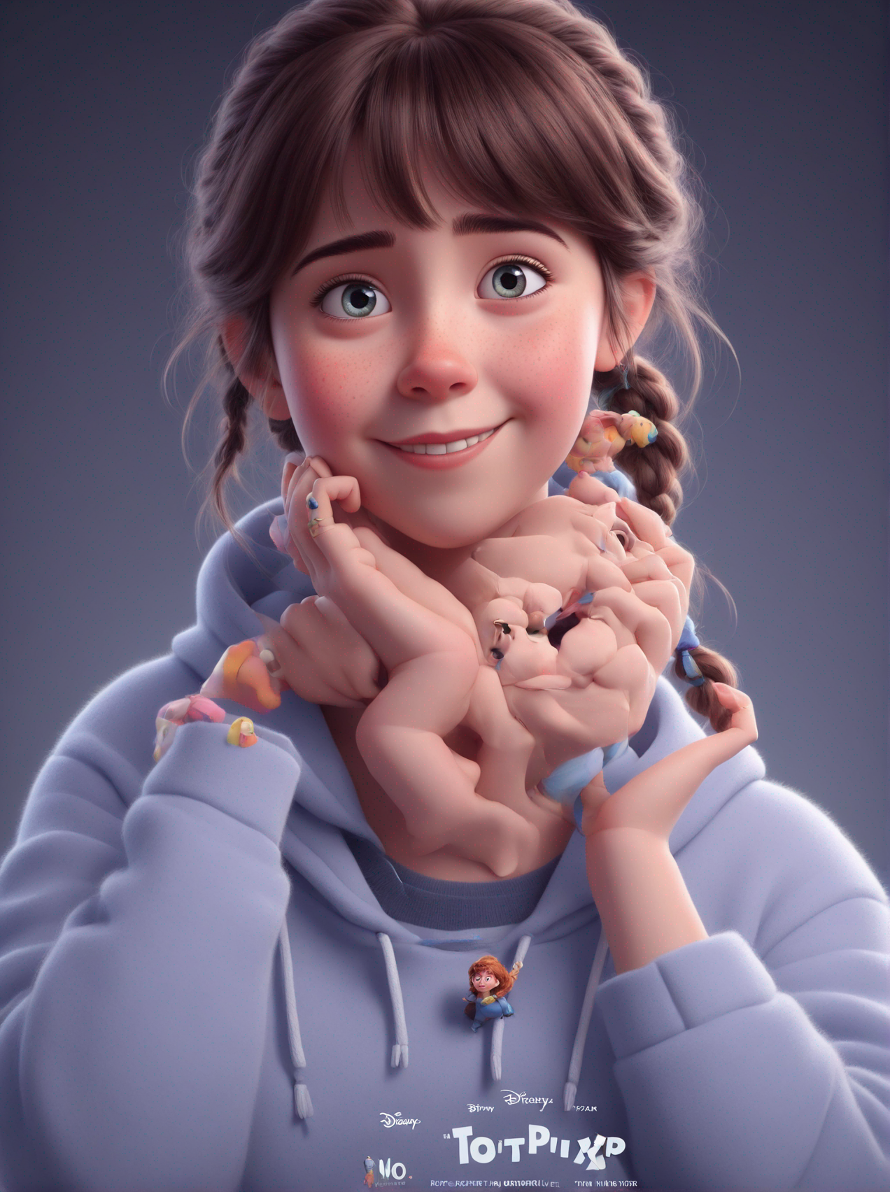 a cute girl in the style of Pixar, no poster, Portrait, no poster text 