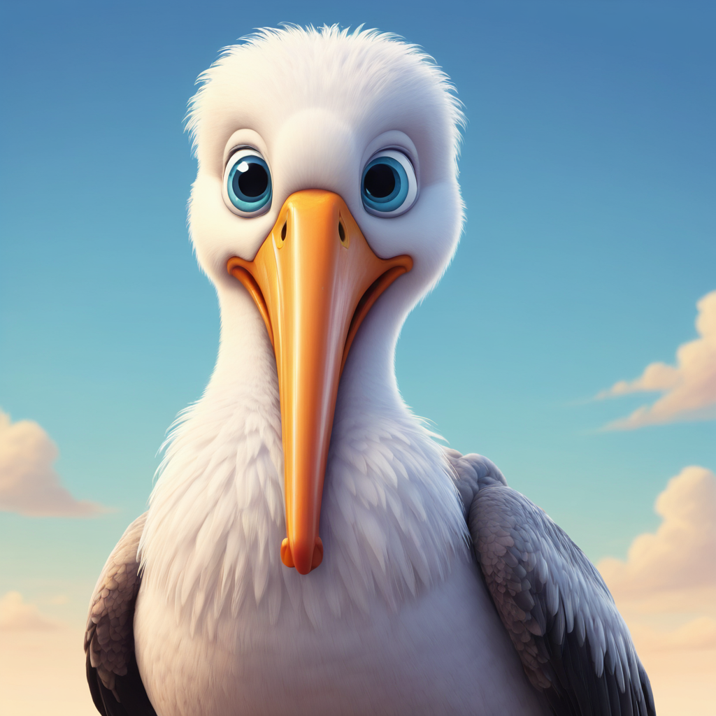 a cute  pelican  in the style of Pixar, no poster, Portrait, no poster text 