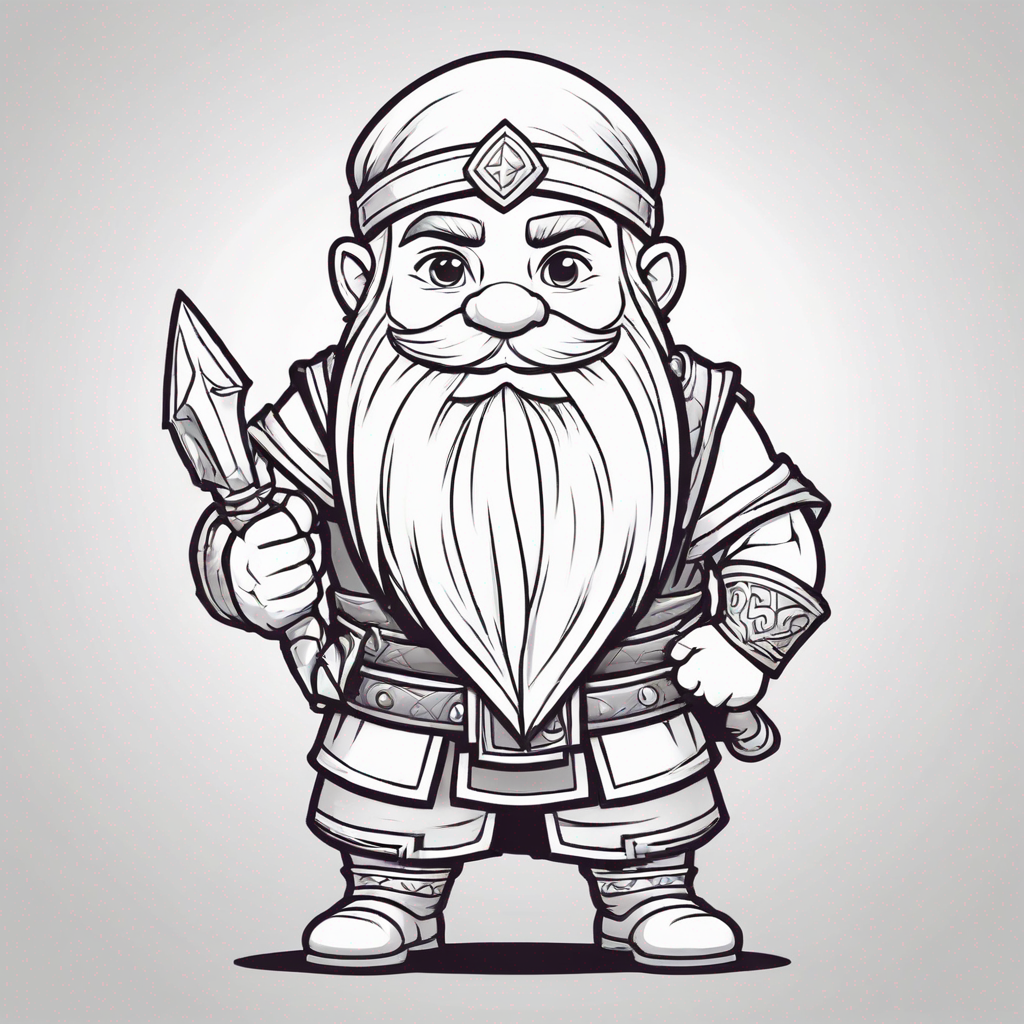 Create in a simple comic style, outline only, a cute and cheeky dwarf 