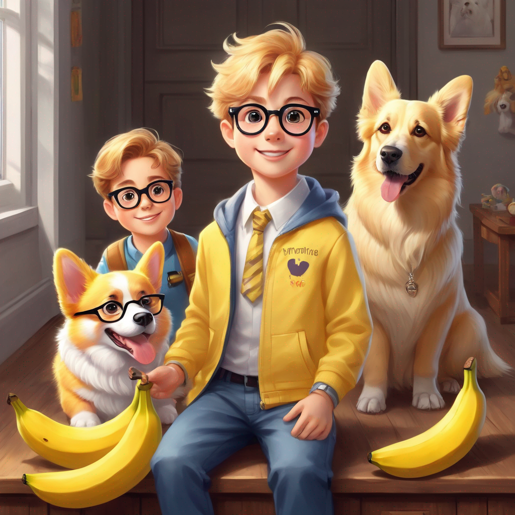 Boy with glasses, a yellow corgi, an adult golden retriever, a banana doll