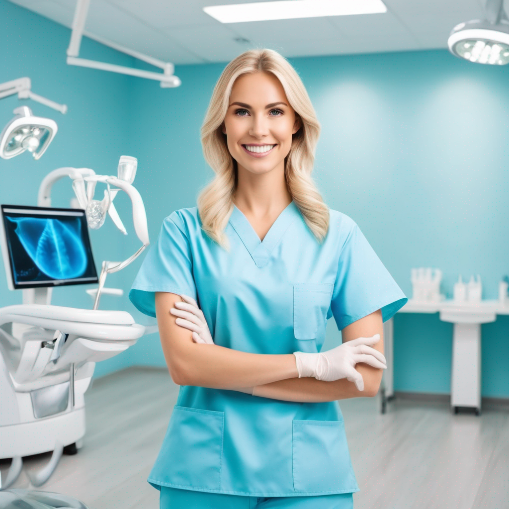 a blond female dentist in her dental office wearing a skyblue scrub