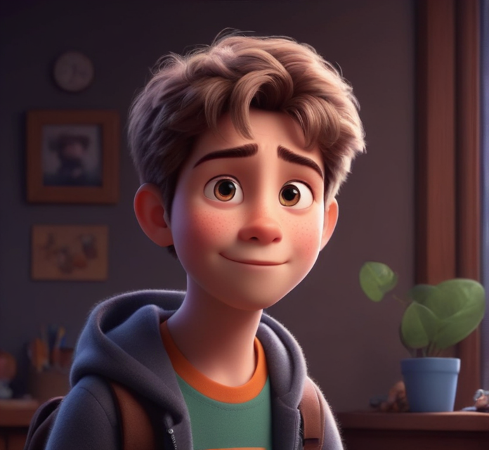 a cute boy in the style of Pixar, no poster, Portrait, no poster text 