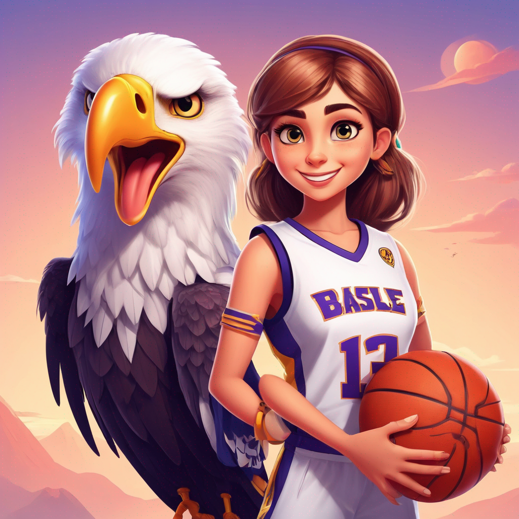 a cut eagle girl dressed with a basketbol uniform funy and with cartoon style