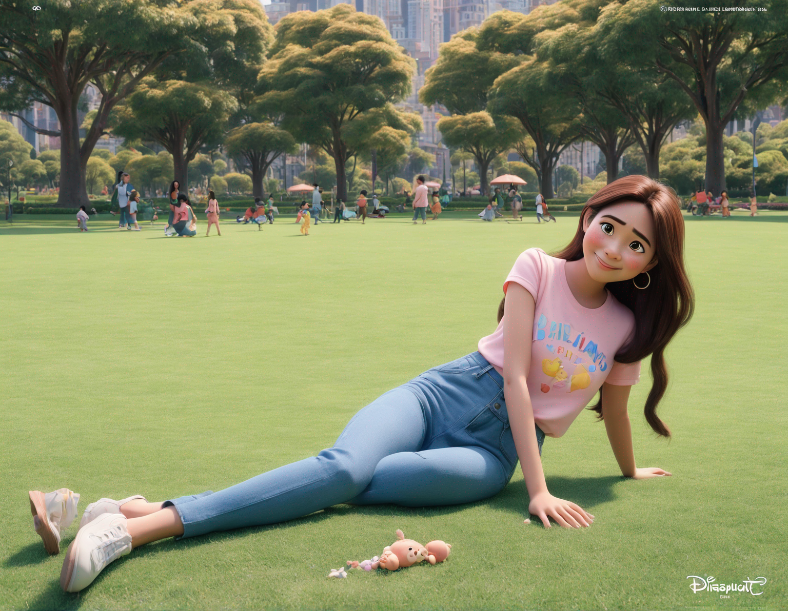 an adorable, pinay posing on the grass of a lovely park alone, Pixar style