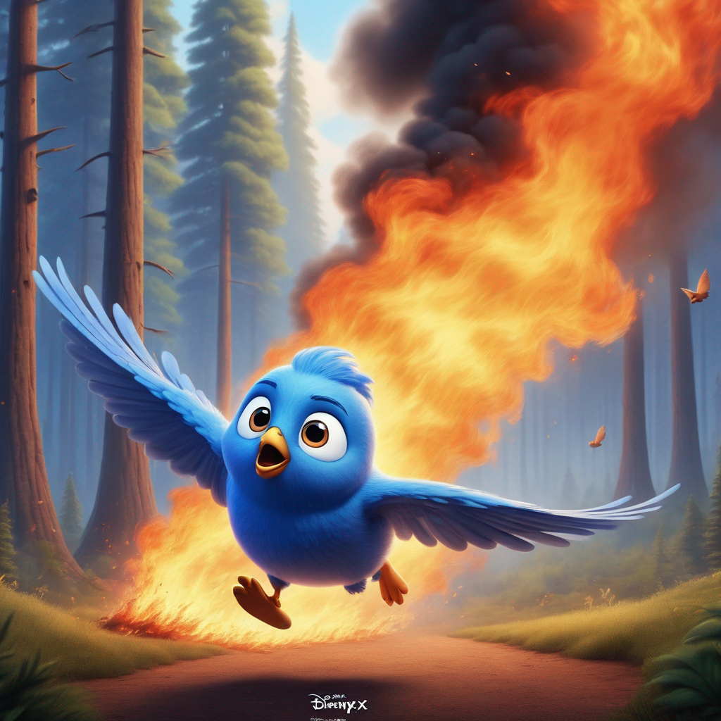 A cute blue bird flying scared and running away from a forest fire in Pixar style, no poster, portrait, no poster text