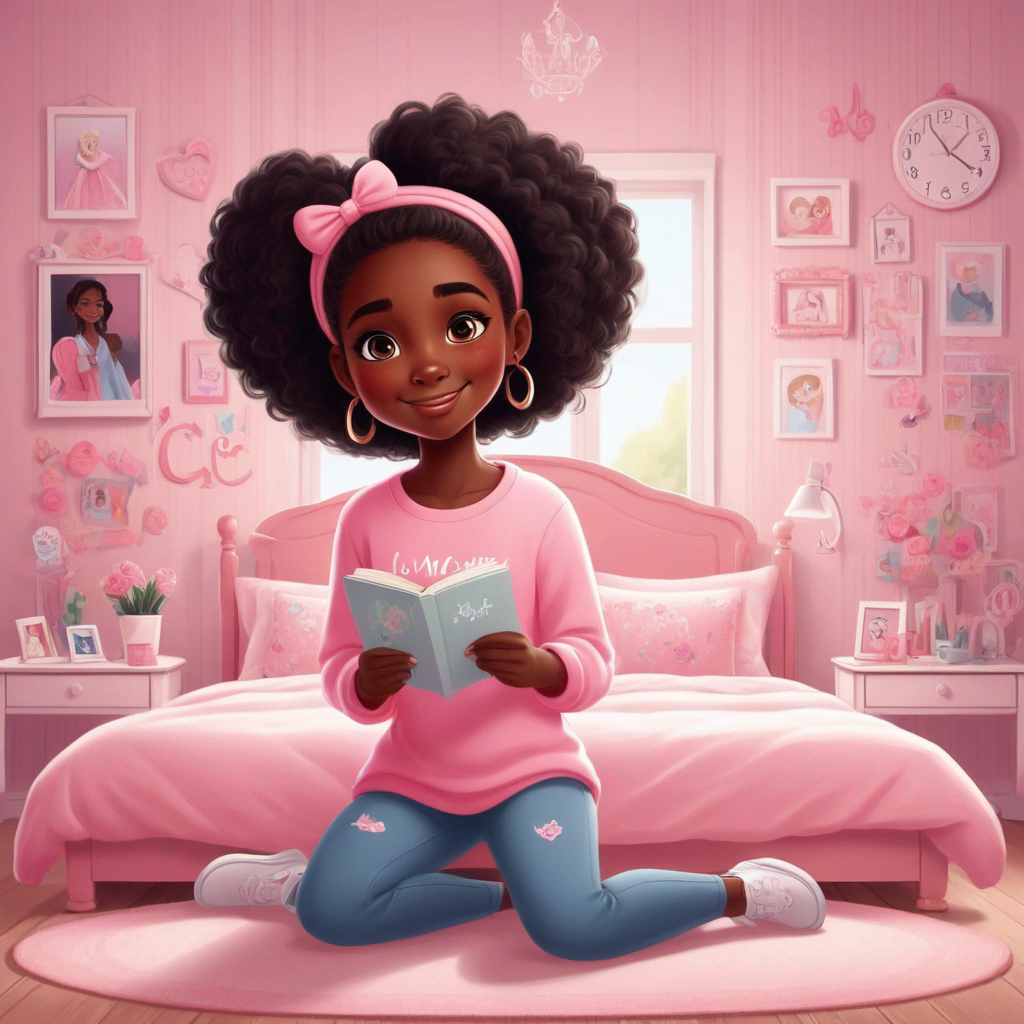 a cute black girl in the style of a draw , in a girly bedroom