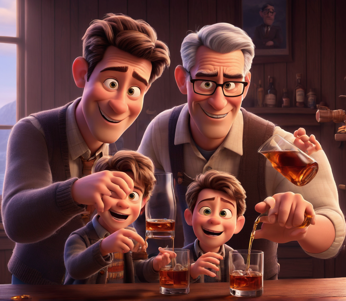 father and son, pouring a glass of whiskey in the style of Pixar, no poster, Portrait, no poster text 