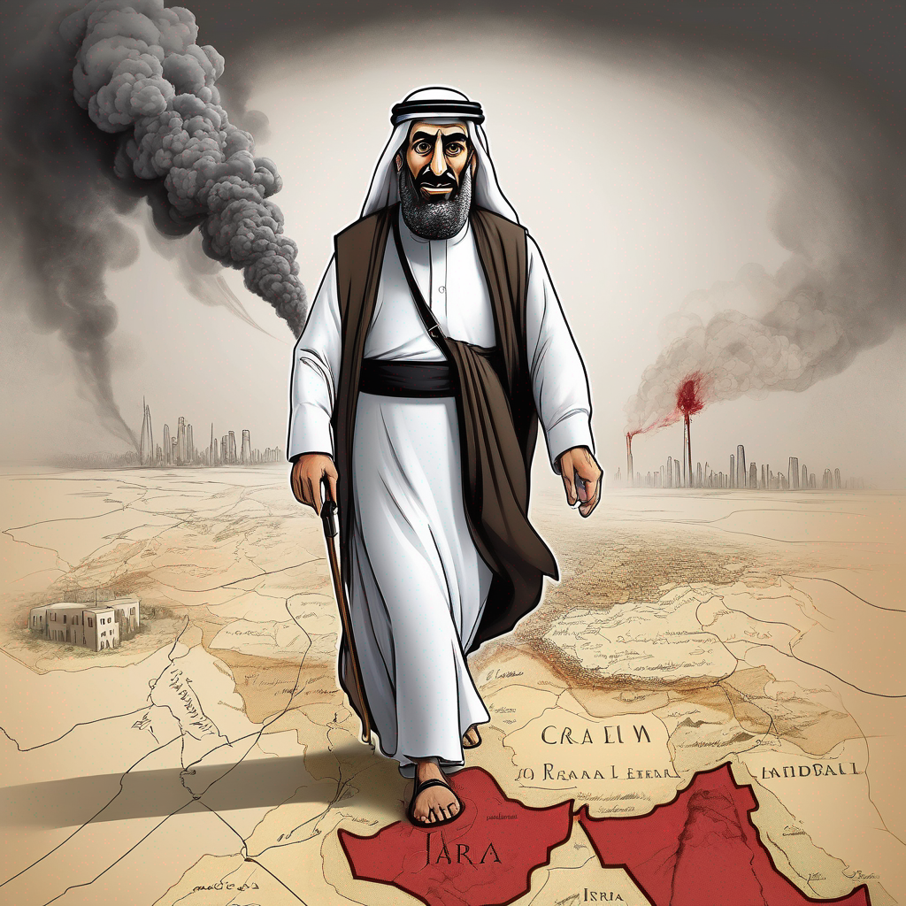 Caricature of a giant Arab figure walks across the map of the Middle East from Iran to the state of Israel, leaving behind a trail of destruction, smoke and blood