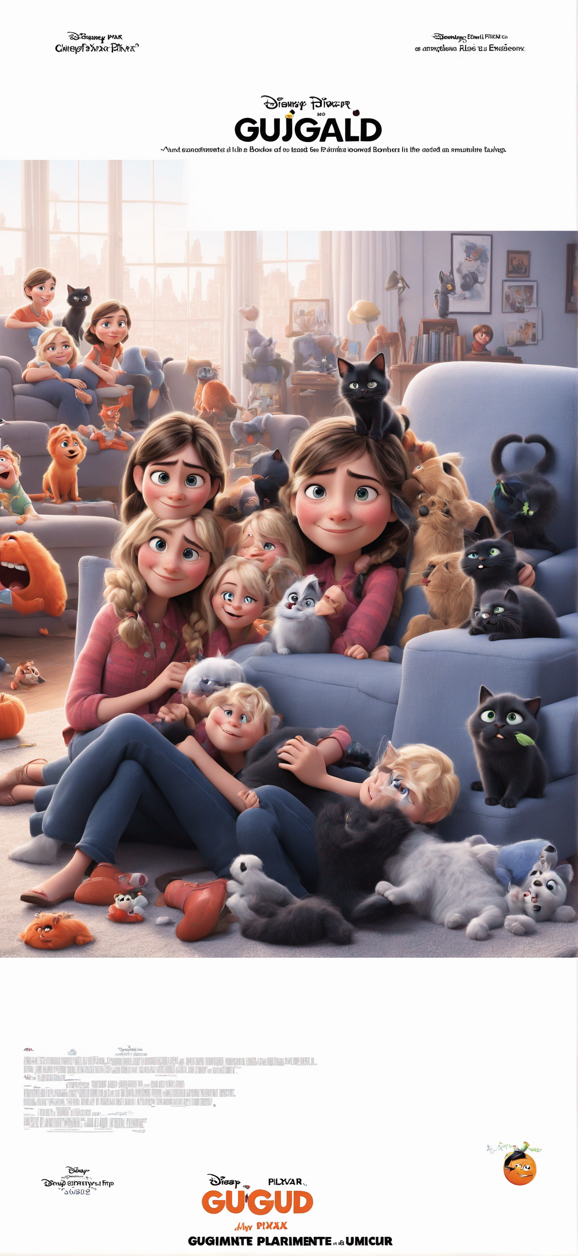 Cheerful pixar movie poster featuring in the foreground portrait of only A brunette girl inspired by the enclosed image A blonde girl inspired by the enclosed image A little black kitten  In the background, we see their apartment with a jute carpet, a red sofa and an orange armchair The film is called GUIGAUD