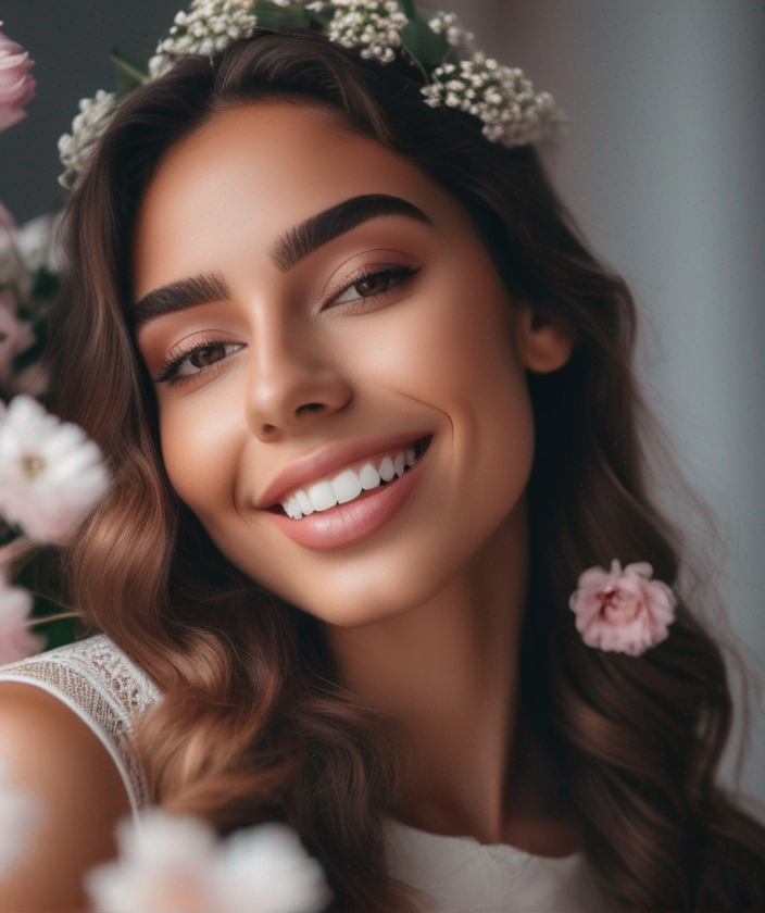 beautiful latin girl with wavy brown hair with full lips and soft pink color white and neat teeth surrounded by flowers and heavenly lighting