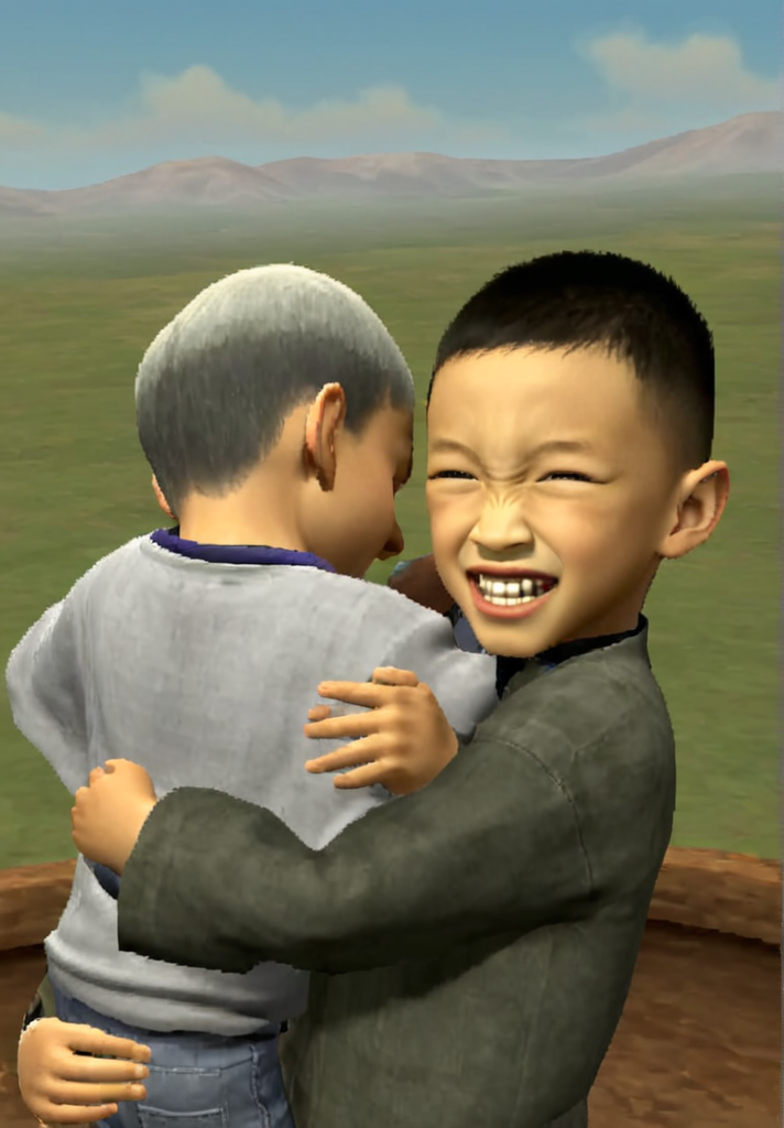 The elder brother hugs the younger brother and smiles happily  Close shot  The two people faces are facing the camera