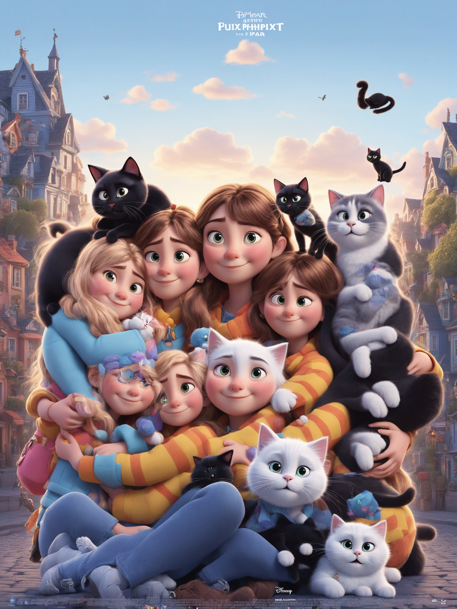 Creates an image with the style Illustration style Pixar where we only see three person two girls and one cat Color palette Joyfull Angle and composition must be Front view Lighting and mood Bright The image would be described as follows Pixar style movie poster showing three individuals two girls flatmates inspired from the image included and one little black cat  Object interaction two girls hugging with the cat Context and details inside the flat in Paris in a duplex apartment with a jute carpet an orange armchair and a rusty sofa no poster text except the movie name GUIGAUD