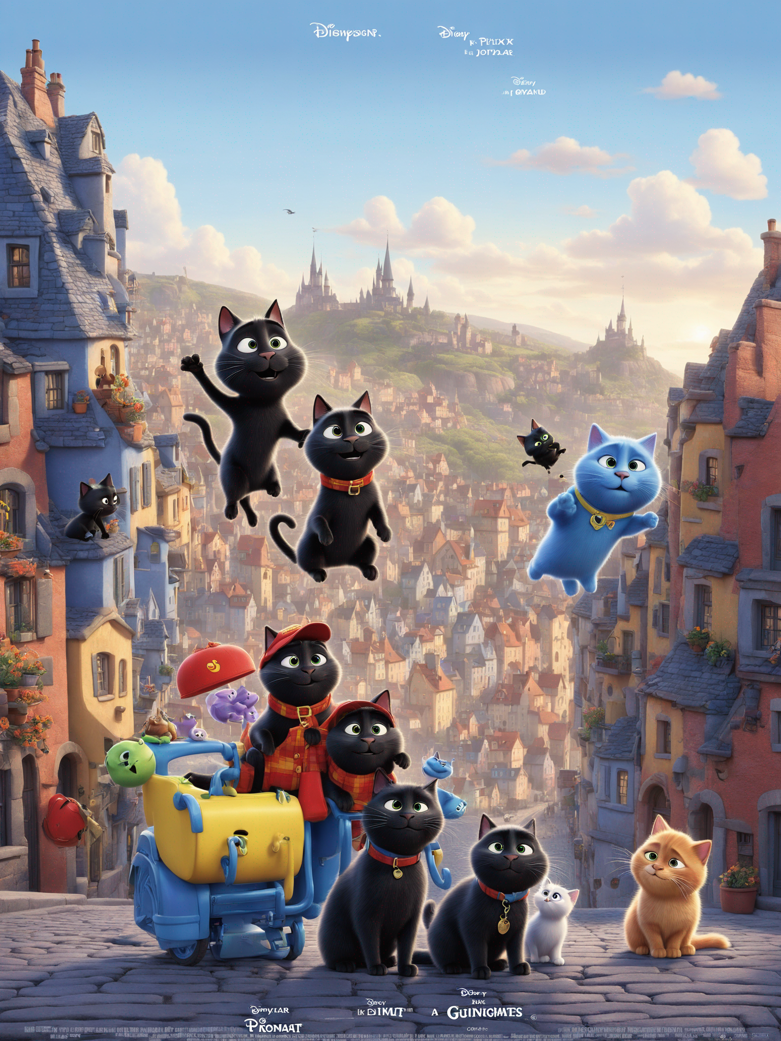 Pixar poster to illustrate the two roomates and their little black cat in the place they live, joyfull and love movie called GUIGAUD