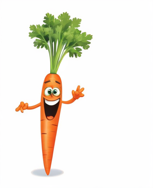 cartoonify this carrot in a two dimensional sticker style with funny eyes fun comical