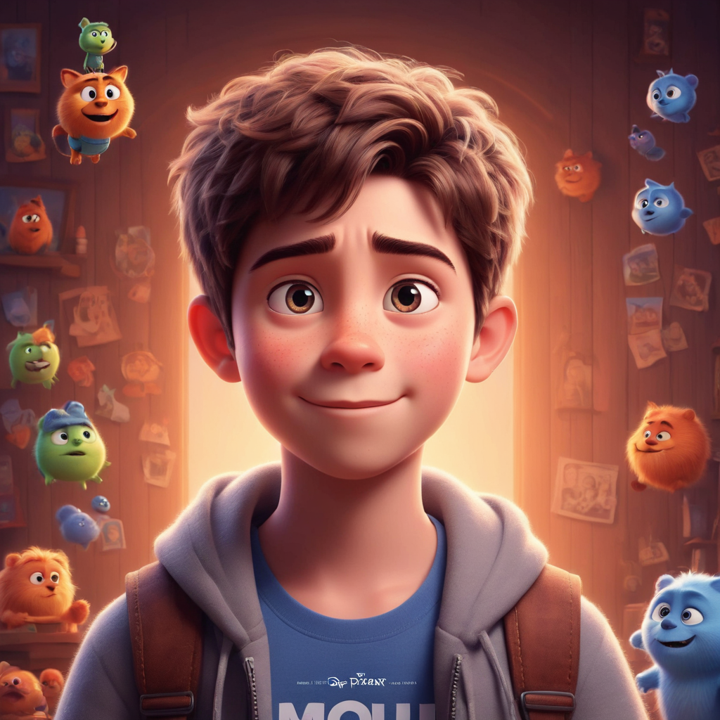 a cute boy in the style of Pixar, no poster, Portrait, no poster text 