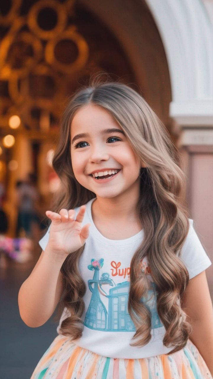 A cute girl in Disneyland in America super happy and playing around