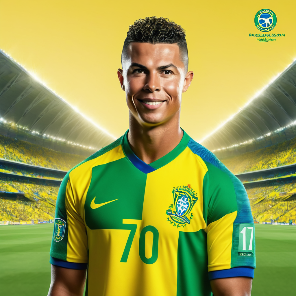 Ronaldo Nazario standing in front of a football stadium background wearing the yellow and green Brazil national team jersey holding two blue Nike soccer