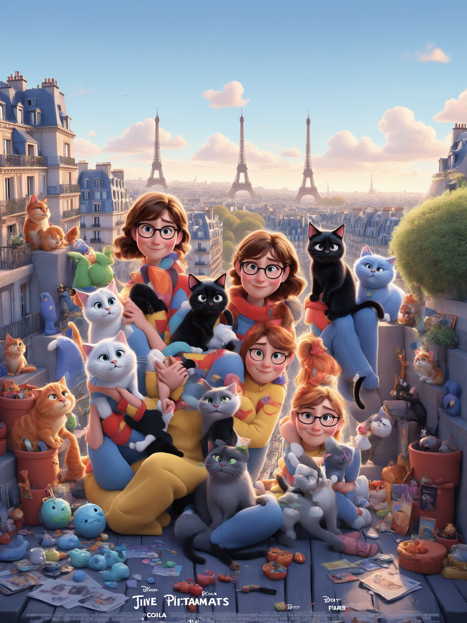 Creates an image with the style Illustration style Pixar Color palette Joyfull Angle and composition must be Front view Lighting and mood Bright The image would be described as follows Pixar style movie poster showing three individuals two girls flatmates inspired from the image included and one little black cat  Object interaction two girls hugging with the cat Context and details inside the flat in Paris in a duplex apartment with a jute carpet an orange armchair and a rusty sofa no poster text except the movie name GUIGAUD