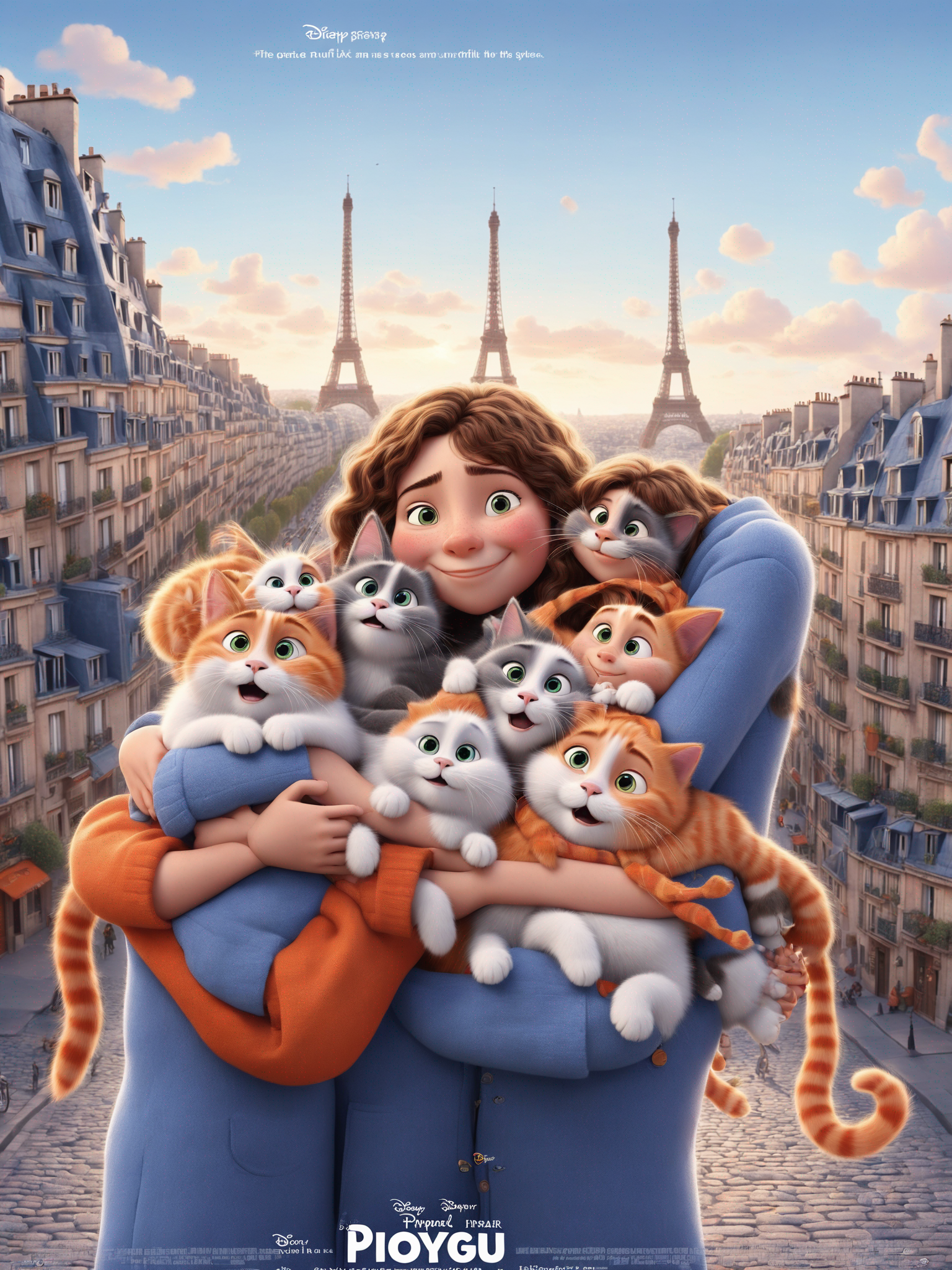 Creates a joyfull image with the style Illustration Pixar movie where we only see three person two girls and one cat in their duplex in Paris where there is a jute carpet an orange armchair and a rusty sofa  The two girls inspired by the picture enclosed are hugging the cat  no poster text except the movie name GUIGAUD