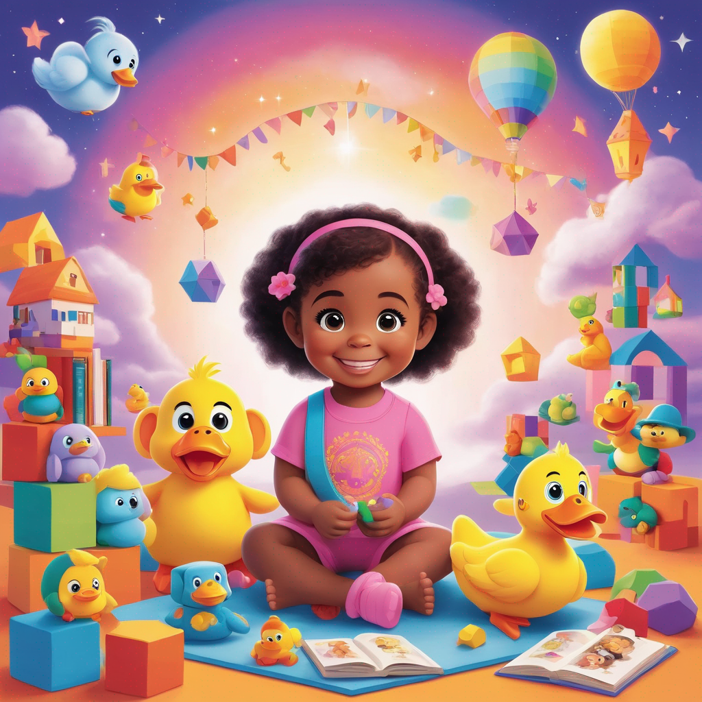 A smiling baby Yashna with her plush monkey and duck toys sitting on a playmat surrounded by colorful blocks, books, and sparkly clouds of imagination