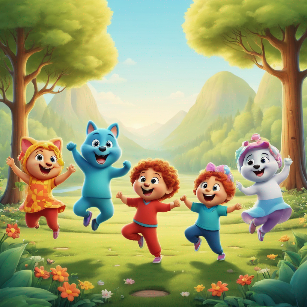 Four cartoon characters dancing in the nature 