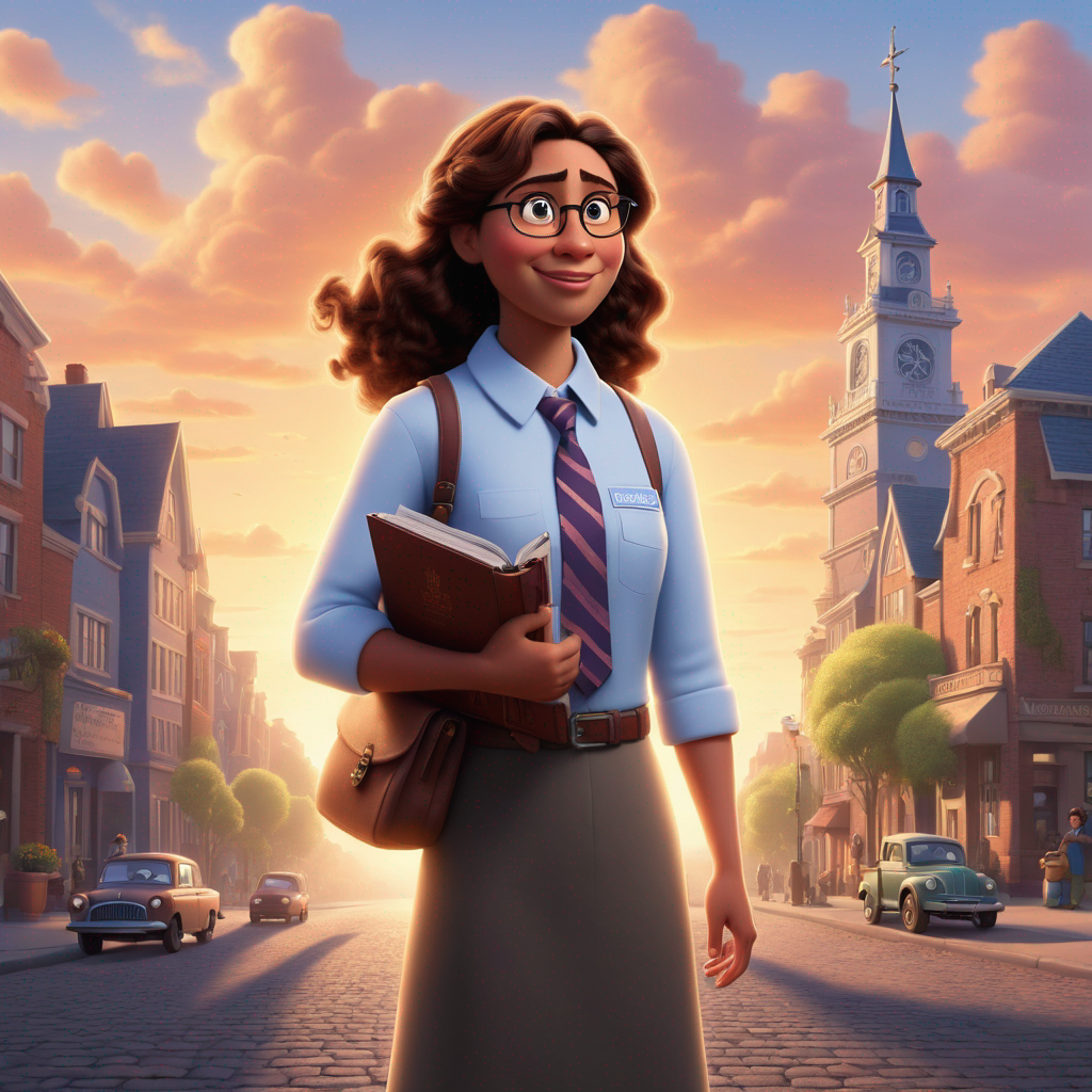 A female Jehovahs witness in the style of Pixar, no poster, Portrait, no poster text 