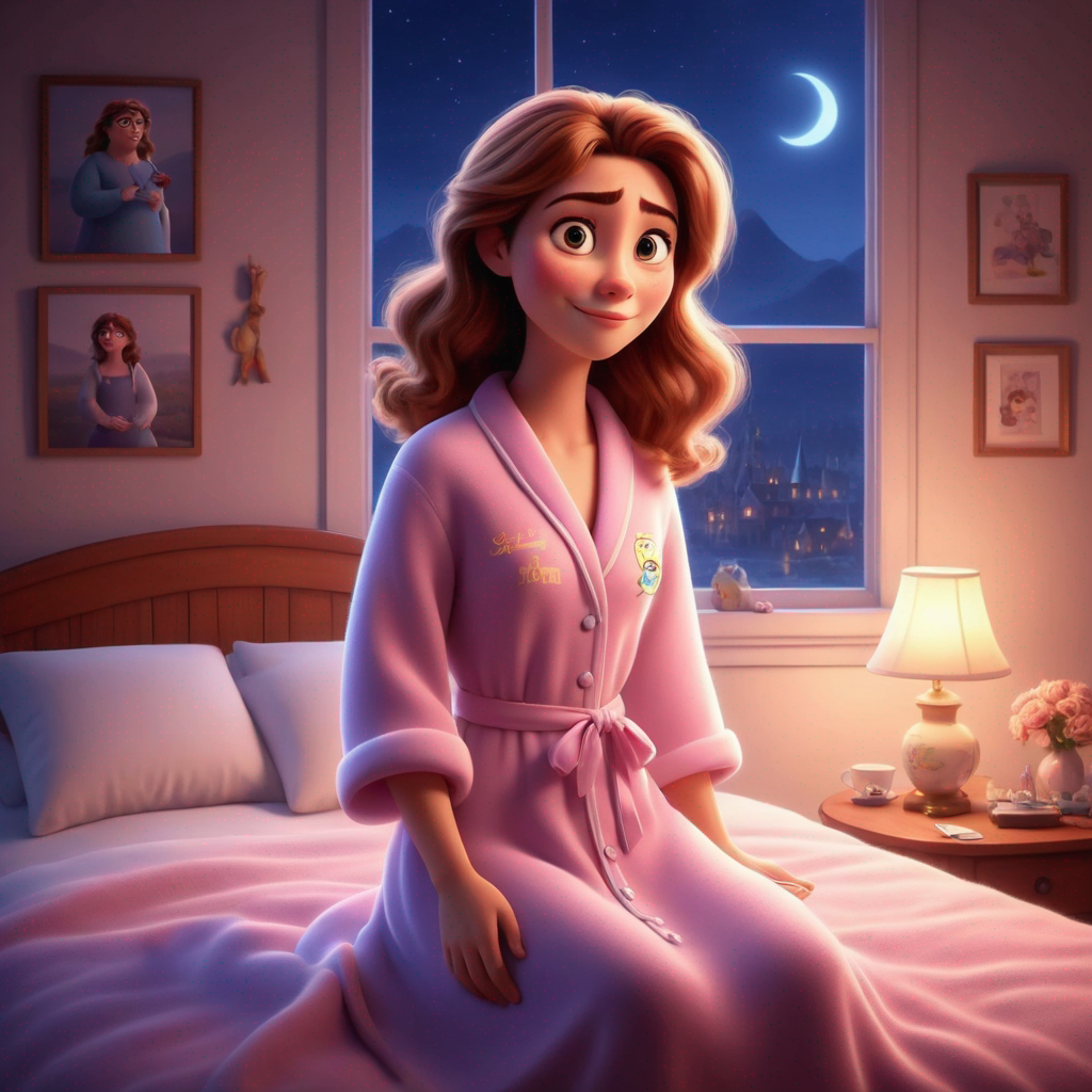 a cute woman in the style of Pixar, wearing a nightgown, on a bed looking very sexy