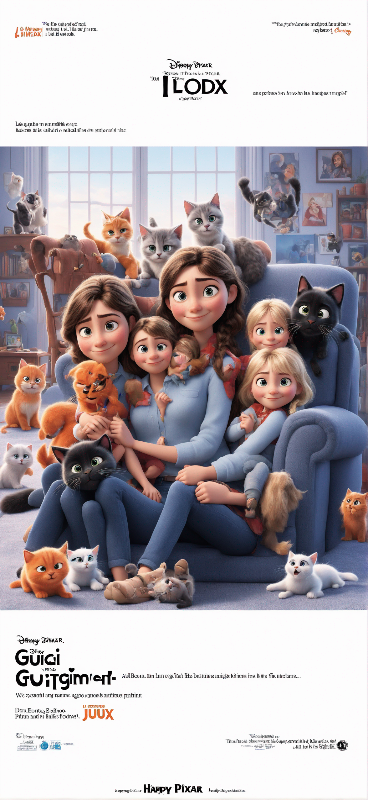 Happy pixar movie poster featuring a portrait of one brunette girl inspired by the enclosed image, one blonde girl inspired by the enclosed image and one little black kitten in the foreground  In the background we see their apartment with a jute carpet a red sofa and an orange armchair The film is called GUIGAUD