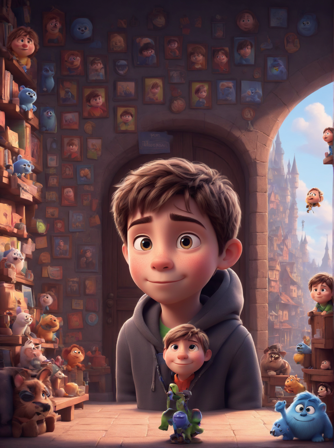 a cute boy in the style of Pixar, no poster, Portrait, no poster text 