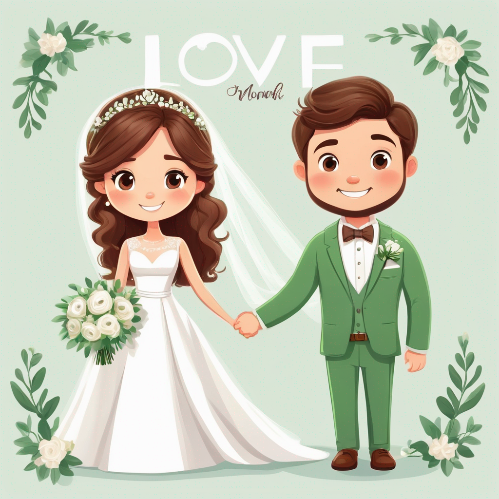 wedding day, bride with brown hair with a white flowy dress, groom with green suit, love cute cartoon, no background