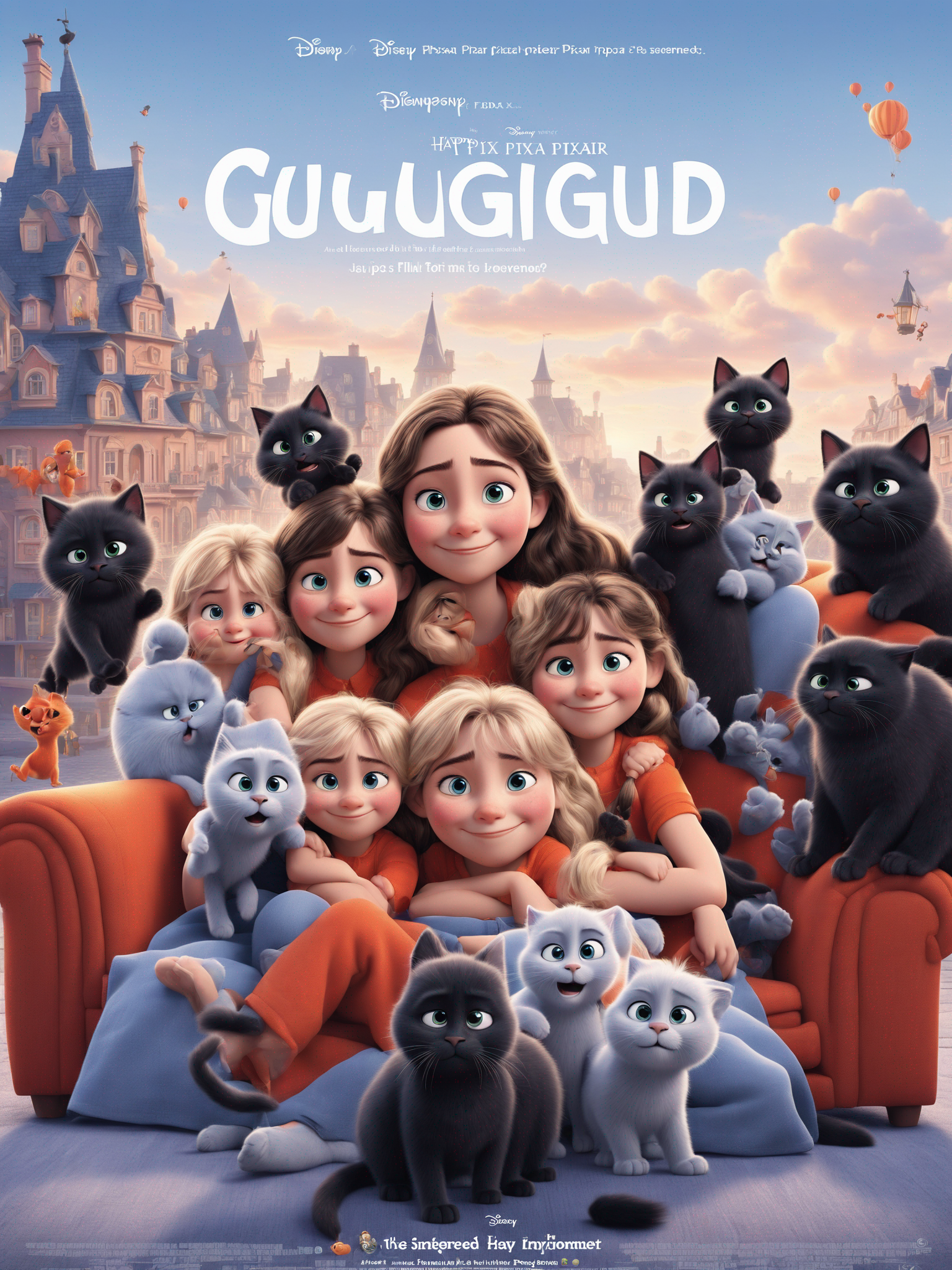 Happy pixar movie poster with  A brunette girl inspired by the enclosed image A blonde girl inspired by the enclosed image A little black kitten  In their apartment with a jute carpet, a red sofa and an orange armchair The film is called GUIGAUD