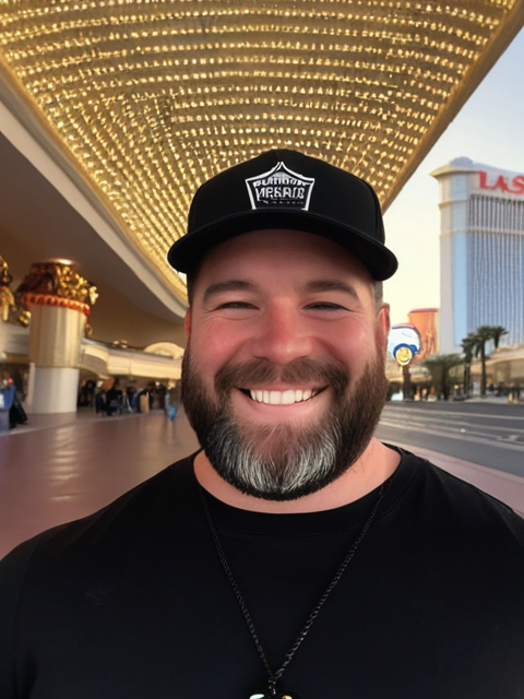 This man is happy to be surrounded by the sights of Las Vegas