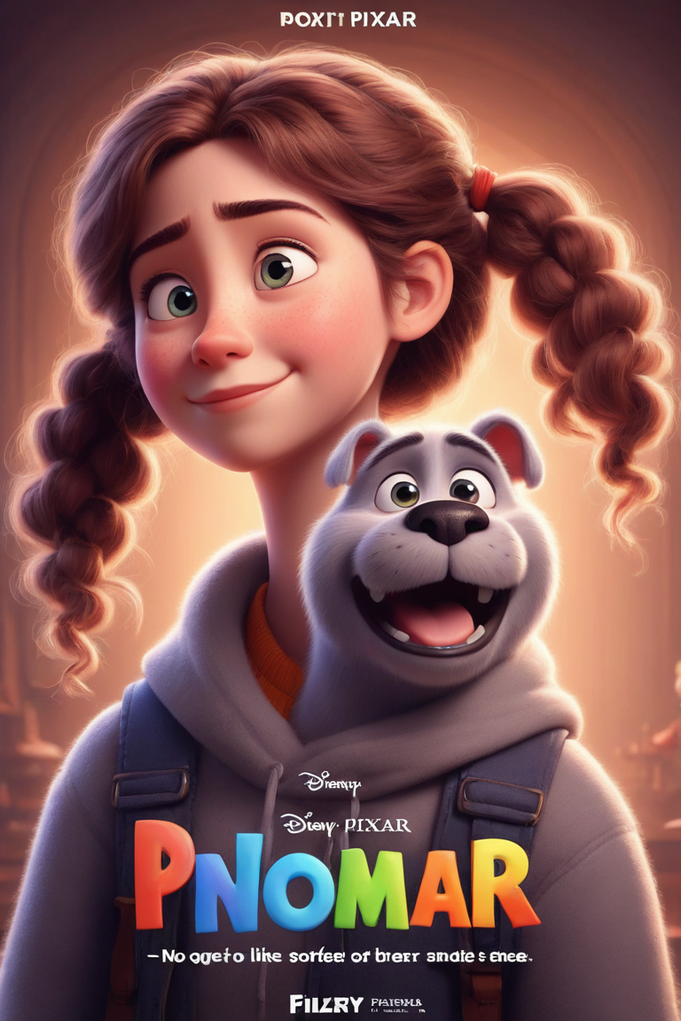 a cute girl in the style of Pixar, no poster, Portrait, no poster text 