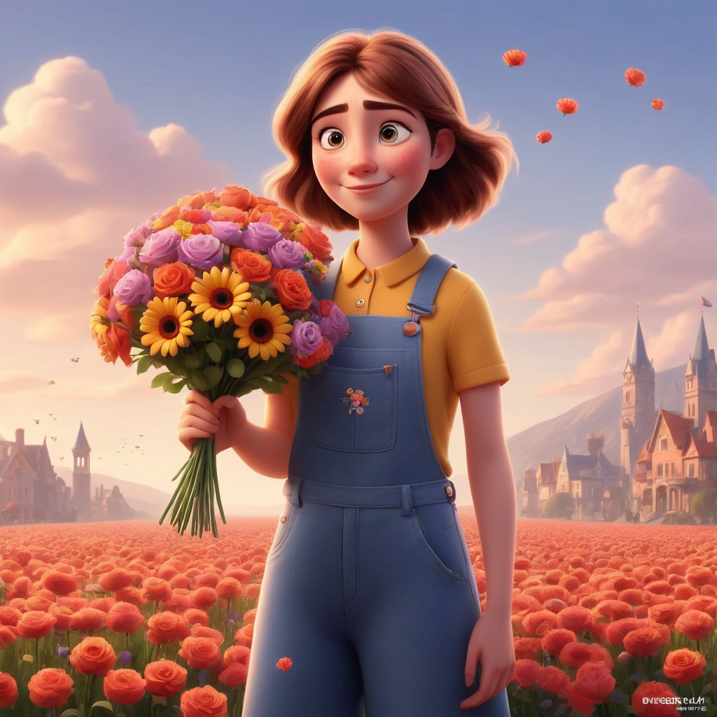  a nice girl with flowers, in style of Pixar