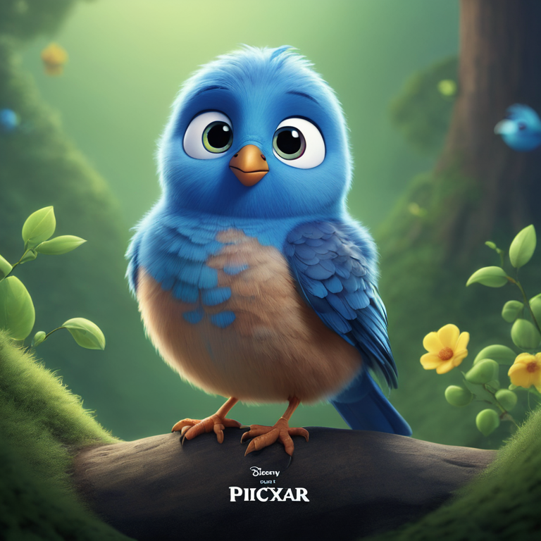 a cute bird of colour blue style of Pixar, no poster, Portrait, no poster text 