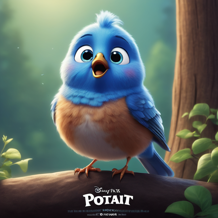 a cute blue bird singing in the style of Pixar, no poster, Portrait, no poster text 