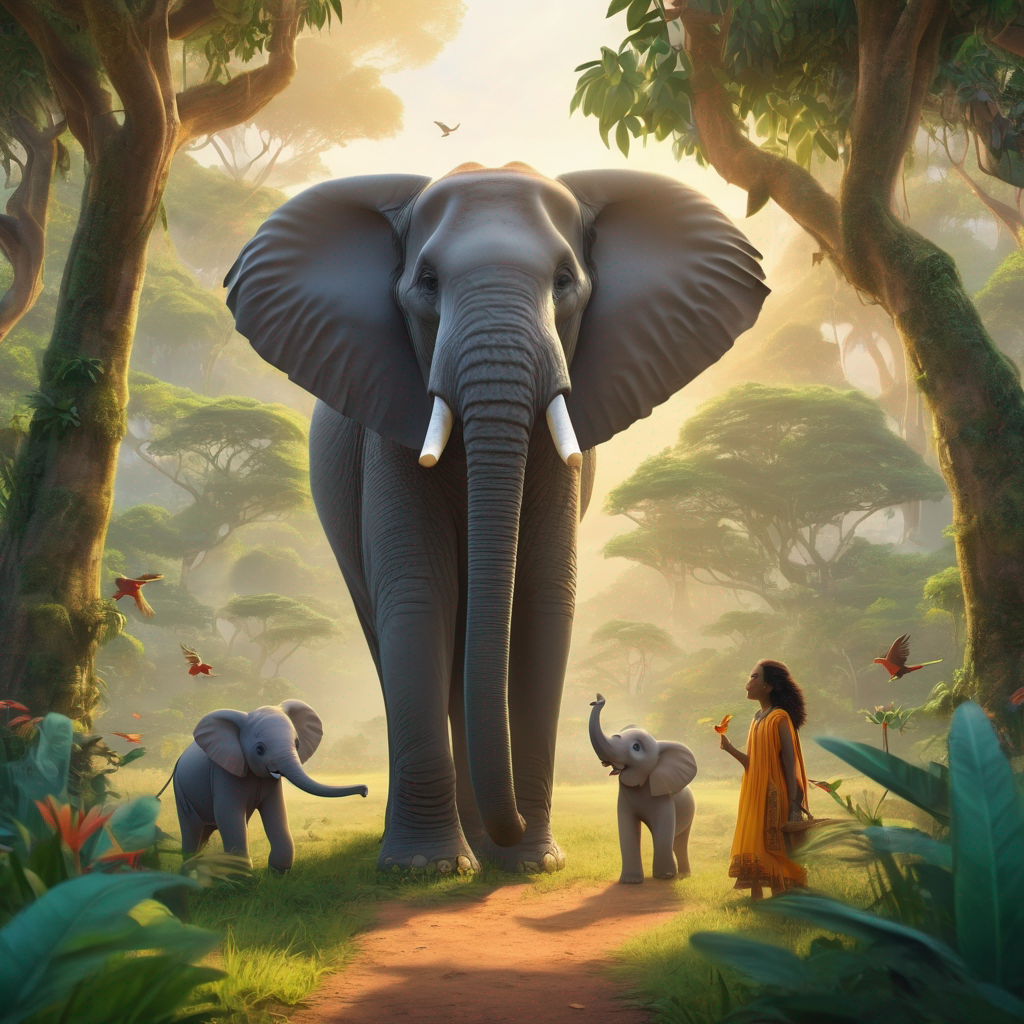 Setting A jungle view fades in with thick, lush greenery, tall trees, and colorful birds flying in the background, A soft morning light filters through the canopy, Action An elephant family parents and a baby steps out from behind the tree,They smile and wave directly at the audience